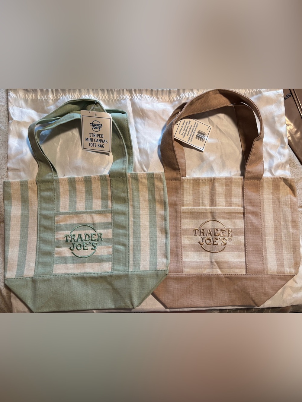 Set of Two Trader Joe's Striped Mini Canvas Tote Bags - in Green and Tan